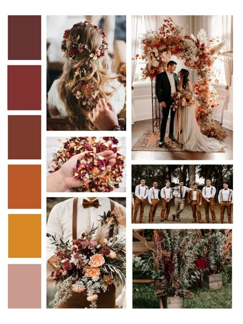 A wedding mood board that ties directly into the colors of a perfect Midwest Autumn. Contrast the evergreens with pops of burnt orange, burgundy, and a dusty rose. Fall Wedding Colors October, Spring Wedding Outfit, Fall Wedding Color Schemes, Birth Colors, Fall Wedding Color Palette, Minimalist Dekor, Winter Wedding Colors, Wedding Color Palettes, Wedding Themes Fall