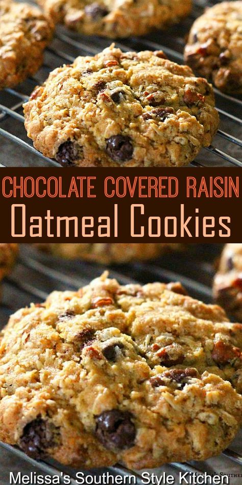 Pecan Oatmeal Cookies, Raisin Oatmeal Cookies, Raisin Oatmeal, Pecan Oatmeal, Raisin Cookie Recipe, Melissas Southern Style Kitchen, Chocolate Covered Raisins, Chocolate Raisins, Oatmeal Cream Pies