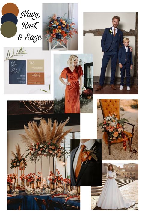 Rust And Blue Wedding Colors, Boho Wedding With Navy Blue, Terracotta And Navy Wedding Palette, Navy Rust Olive Wedding, Rust Navy Blue And Grey Wedding, Fall Wedding Colors With Navy Suits, Copper Navy Blue Wedding, Terracotta Green And Blue Wedding, Navy Blue Rust And Burgundy Wedding