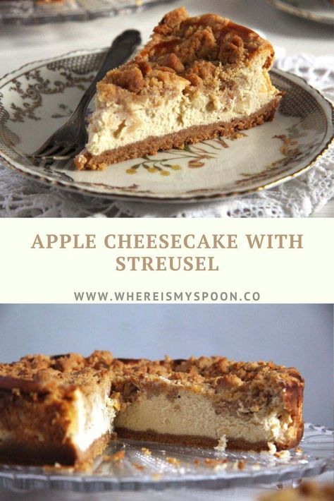 Easy apple cheesecake with streusel on top, a creamy and delicious autumn cheesecake. #whereismyspoon #applecheesecake #applecrumb #streusel #cheesecakes #apples Autumn Cheesecake, Apple Streusel Cheesecake, Easy Apple Cheesecake, Apple Crumb Cheesecake, Vegan Cheesecake Easy, Apple Cheesecake Recipes, Cheesecake Apple, Fruit Cheesecake, Baked Breads