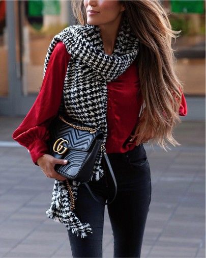 Red Jumper Outfit, Red Scarf Outfit, Red Trousers Outfit, Blanket Scarf Outfit, Red Shoes Outfit, Houndstooth Scarf, Jumper Outfit, Red Jumper, Scarf Outfit