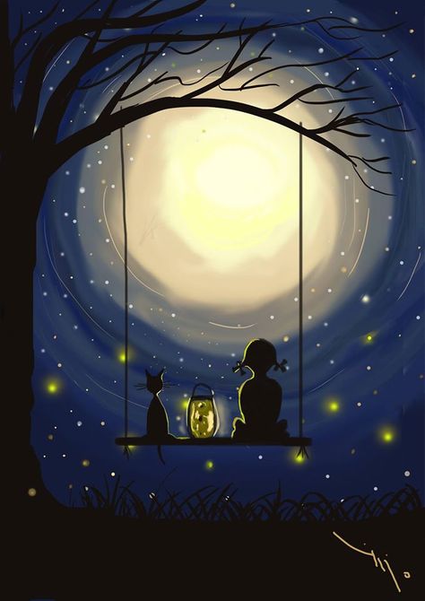 Starry night ^_^ Digital painting Stary Nights Paintings, Night Scenery Painting, Simple Cat Drawing, Lantern Painting, Bell Art, Blue Moon Photography, Night Illustration, Desk Buddy, Nature Art Drawings