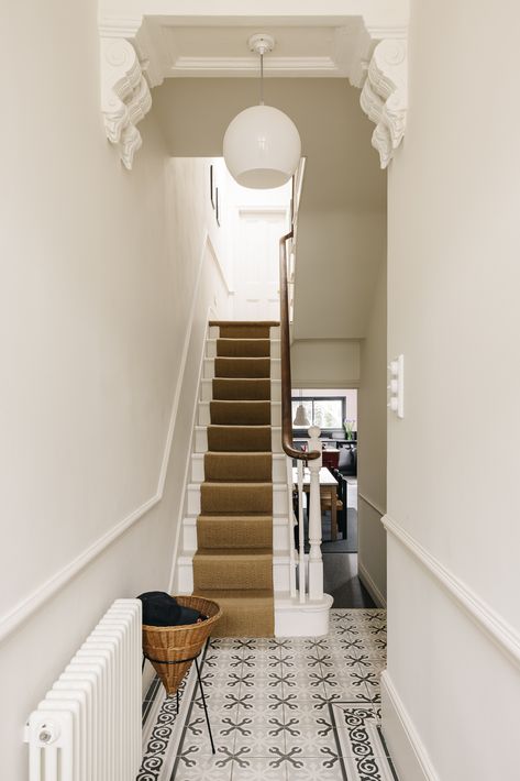 Townhouse Modern, Victorian Terrace Interior, Art Deco Fireplace, Entryway Stairs, Victorian Hallway, Patio Seating Area, Tiled Hallway, House Staircase, Victorian Tiles