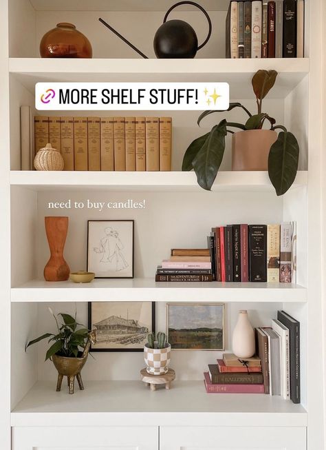 Shelf Styling Books, Minimal Bookshelf Decor, French Bookshelf Decor, Organic Modern Bookshelf Decor, Japandi Bookshelf Styling, Bookshelf Styling Cottagecore, Shelf Styling Living Room, Wide Bookshelf, Vintage Bedroom Styles