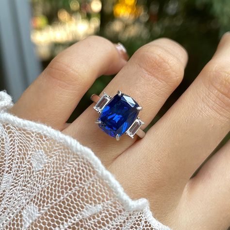 Stunning Blue Sapphire Cushion Cut Three Stone Engagement Ring In Ster – maxinejewelry Blue Sapphire Wedding Ring, Elongated Cushion Cut, Couples Ring, Sapphire Wedding Rings, Elongated Cushion, Detailed Engagement Ring, Engagement Rings Affordable, Sterling Silver Wedding Rings, Three Stone Engagement Ring