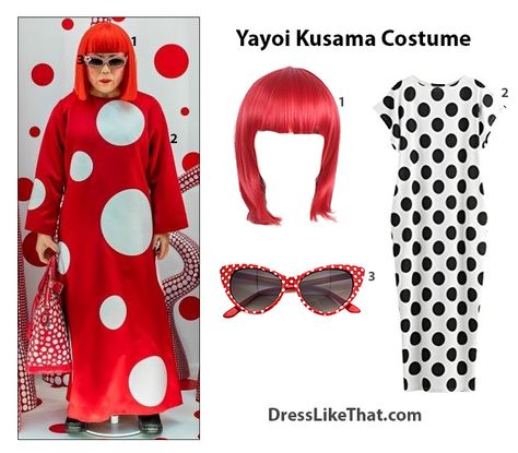 Yayoi Kusama Costume – Dress Like That Yayoi Kusama Costume Diy, Yayoi Kusama Halloween Costume, Yayoi Kusama Dress, Artsy Costume Ideas, Famous Artist Halloween Costume, Yayoi Kusama Costume, Artist Halloween Costume, Infinity Mirror Art, Popular On Instagram