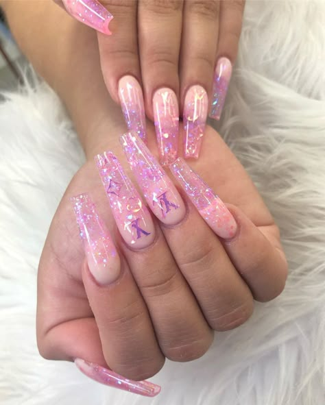 Lv Nails, Clear Acrylic Nails, Long Acrylic Nail Designs, Edgy Nails, Cute Acrylic Nail Designs, Long Acrylic Nails Coffin, Her Nails, Unique Acrylic Nails, Bling Acrylic Nails