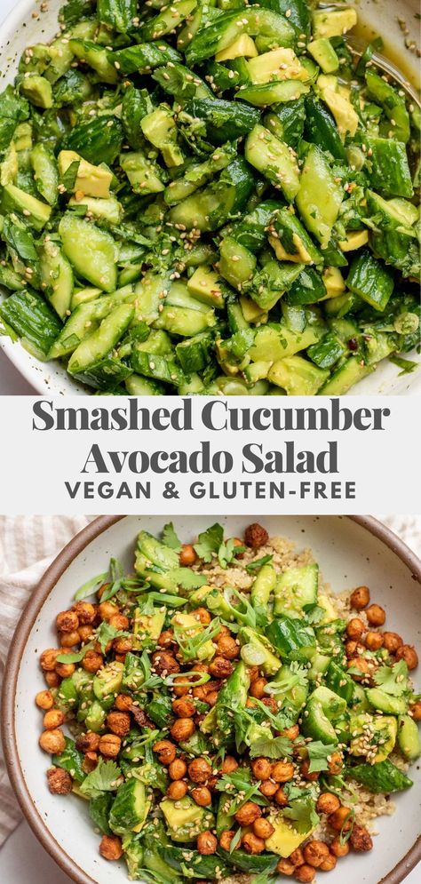 This smashed cucumber avocado salad is fresh and flavored with a delicious cilantro lime sauce. A quick and easy to make dinner side. Vegan Avocado Salad, Pent Up Anger, Avocado Salad Vegan, Smashed Cucumber, Fiber Recipes, Healthy Vegan Dinner Recipes, Vegetarian Mains, Cucumber Avocado Salad, Healthy Vegan Dinner