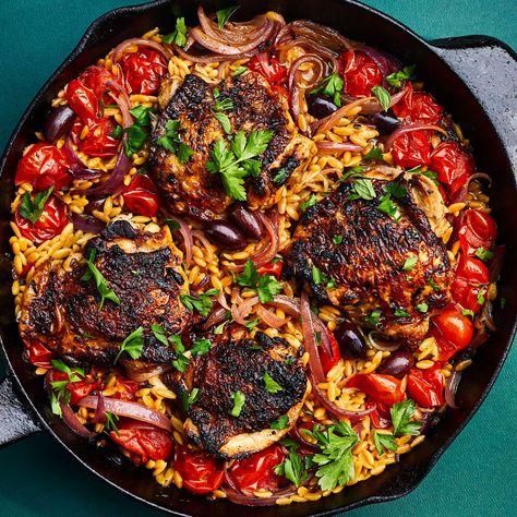 mediterranean-chicken-skillet-2000 Mediteranian Dishes, Meditrainian Diet, Medditeranean Diet, Feta Wrap, Mediterranean Keto, Chicken With Orzo, Galveston Diet, Vegan Mediterranean, Dash Recipe