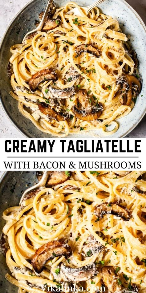 This creamy tagliatelle pasta tossed with bacon, portobello mushrooms and drizzled with a touch of truffle oil is a real winner. Add a bottle of great wine plus someone you love and you’ve got yourself a lovely date night in! Tagliatelle Recipe, Bacon Pasta Recipes, Pasta With Bacon, Tagliatelle Pasta, Simple Family Meals, Bacon Stuffed Mushrooms, Italian Pasta Recipes, Cozy Dinner, Bacon Pasta