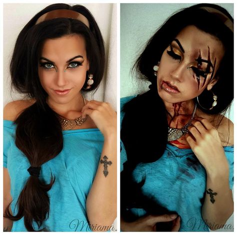 Disney's Jasmine Halloween makeup Pretty and Zombie version Zombie Disney Princess Costume, Jasmine Halloween Makeup, Dead Disney Princess Costume, Scary Disney Costumes, Disney Horror Makeup, Zombie Princess Makeup, Dead Princess Makeup, Horror Disney Princess, Scary Disney Princess Makeup