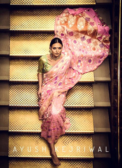 Benarsi saree by Ayush Kejriwal For purchases email me at designerayushkejriwal@hotmail.com or what's app me on 00447840384707 We ship WORLDWIDE. Instagram - designerayushkejriwal Model In Saree Photography, Saree Photoshoot On Stairs, Saree Poses For Model, Terrace Saree Photoshoot, Saree Shoot Poses, Saree Poses On Stairs, Saree Models Poses, Saree Shoot Photography, Poses With Saree For Instagram