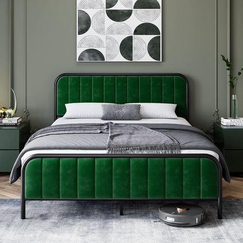 Tufted Headboard Bed, Full Size Upholstered Bed, Green Headboard, Velvet Bed Frame, Velvet Upholstered Bed, Modern Platform Bed, Full Size Bed Frame, Velvet Headboard, King Bed Frame