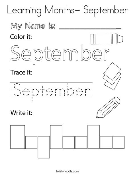 Learning Months- September Coloring Page - Twisty Noodle September Kindergarten Worksheets, Free September Printables For Kids, September Homeschool Activities, September Worksheets Preschool, October Preschool Worksheets, September Homeschool Ideas, September Handwriting, September Kindergarten Activities, September Worksheets