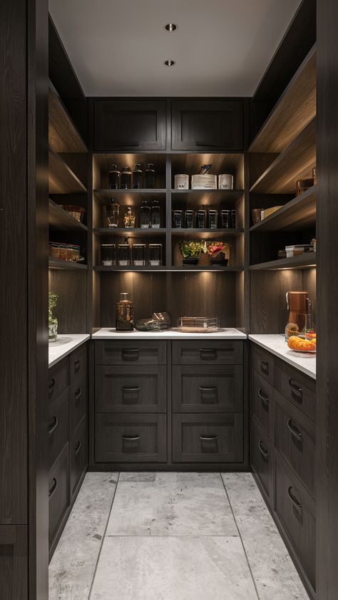 Creative Hidden Pantry Ideas for Small Spaces and Modern Kitchen Layouts Kitchen Pantry Layout, Adding A Pantry, Pantry Layout Ideas, Pantry Layouts, Corner Pantries, Large Kitchen Islands, Kitchens Pantry, Luxury Pantry, Small Walk In Pantry