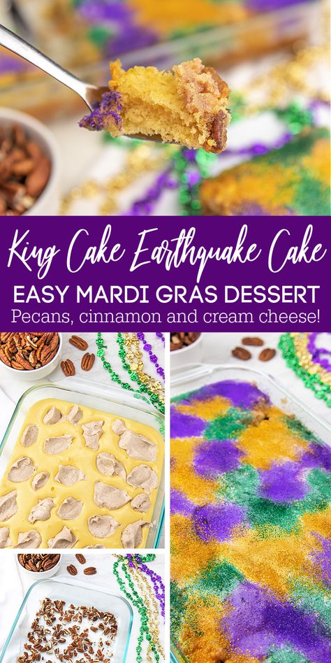 Ready to celebrate? This King Cake Earthquake Cake is the perfect easy dessert idea for Mardi Gras! With layers of pecans, cinnamon, and cream cheese, this yellow cake is SO delicious! Give it a try this year and let me know how yours turns out! King Cake Dump Cake, King Cake Recipe Cream Cheese Filling, Easy King Cake Recipe, Mardi Gras Recipes Easy, Easy King Cake, Homemade King Cake, Mardi Gras Pound Cake, Mardi Gras King Cake Easy, Smores Dessert Recipes