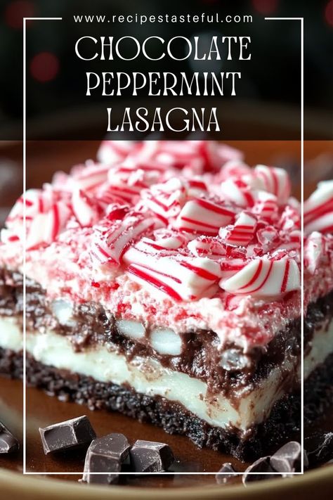 Chocolate Peppermint Lasagna is a delightful, no-bake Christmas dessert that's layered with creamy, minty goodness and topped with festive flavors. Perfect for the busy holiday season, this treat can be made ahead of time, allowing you to enjoy the festivities without the stress of last-minute baking! Christmas Lasagna, Chocolate Lasagna Recipe, Peppermint Dessert, Chocolate Lasagna, Layered Desserts, Christmas Dessert, Easy Baking Recipes Desserts, Chocolate Peppermint, Party Desserts