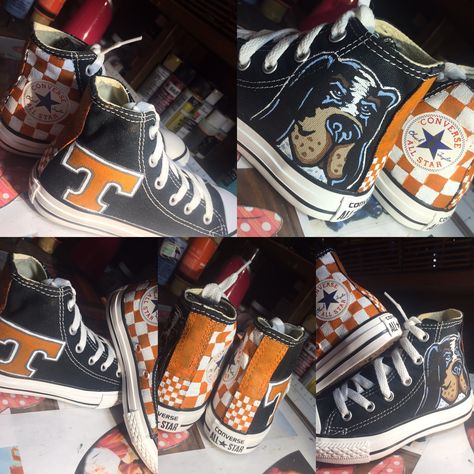 Custom Tennessee Converse Shoes with Checkerboard and Smokey by Tennessee Wearable Art #TWA #TennesseeWearableArt #Custom #Checkerboard #PowerT #Smokey #Waterproofed #Converse #Tristar #Vols Tennessee Vols Painting, Converse Painting Ideas, Tennessee Vols Embroidery Designs, Tennessee Vols Sweatshirt, Tennessee Vols Apparel, Vintage Tennessee Vols Sweatshirt, Cute Converse Shoes, Customized Shoes, Shoe Painting