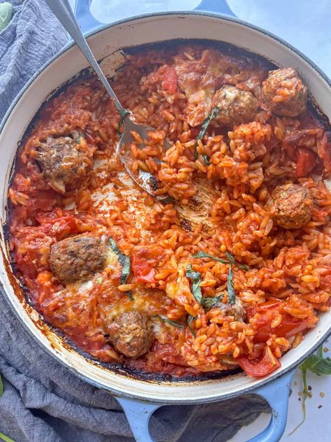 Cheesy Baked Orzo with Veggie Meatballs Baked Orzo, Orzo Dishes, Cheesy Pasta Recipes, Veggie Meatballs, Vegetarian Meatballs, Vegetarian Comfort Food, Butternut Squash Pasta, Veggie Stock, Winter Comfort Food