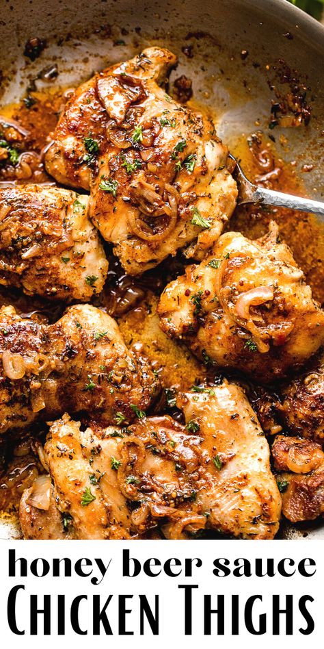 Chicken Thigh With Sauce Recipe, Chicken In Beer Recipes, Mikes Hot Honey Chicken Recipes, Honey Mustard Chicken Thighs, Beer Sauce, Garlic Mustard, Crockpot Chicken Thighs, Sauce Chicken, Honey Mustard Chicken