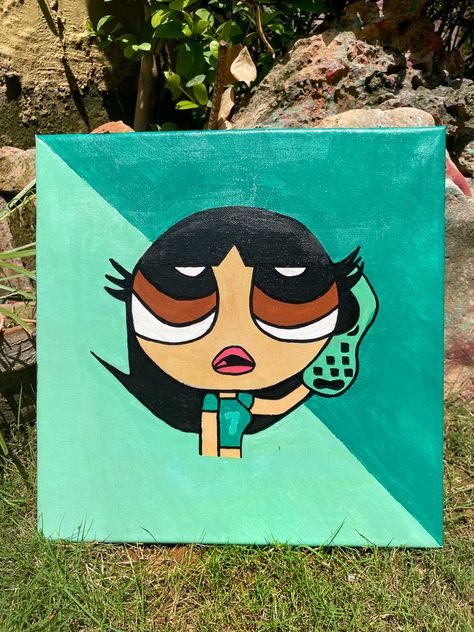 Buttercup Canvas Painting, Buttercup Powerpuff Painting On Canvas, Painting Ideas Powerpuff, Powerpuff Girls Canvas Painting, Powerpuff Girl Painting, Green Powerpuff Girl, Powerpuff Girls Painting, Buttercup Painting, Cartoon Paintings