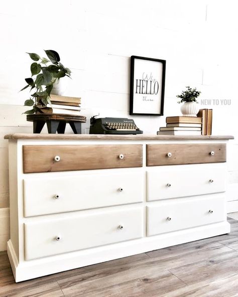 White Dresser Wood Drawers, White Dresser With Wood Drawers, White And Natural Dresser, Painted White Dresser Ideas, White And Stained Dresser, Cream And Wood Dresser, White And Brown Dresser, Dresser White And Wood, White Dresser Wood Top