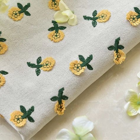 Embroidery In Yellow Fabric, Embroidery Yellow Fabric, Luxury Floral Embroidered Summer Fabric, Elegant Yellow Embroidered Fabric, All Over Flower, Semi-stitched Yellow Fabric With Floral Embroidery, Embroidery Cotton, Fabric Diy, Cotton Linen Fabric