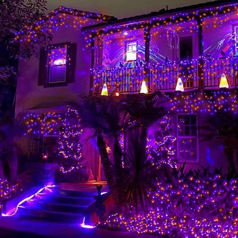 Purple Halloween Aesthetic, Purple Lights, Halloween Lights Decorations, Halloween String Lights, Lights Decorations, Halloween Purple, Colorful Halloween, Green Halloween, Yard Party