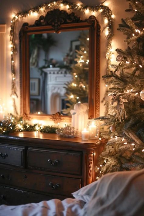 25 Magical Christmas Lights Bedroom Ideas for a Dreamy Glow - Roomy Retreat Christmas Lights Bedroom, Boho Chic Decor Diy, Boho Chic Christmas, Lights Bedroom Ideas, Lights Bedroom Decor, Wall Of Light, Twinkling Christmas Lights, Christmas Lights In Bedroom, Chic Decor Diy