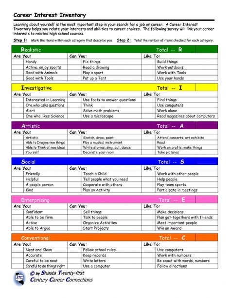 Career Interests Survey worksheet Employment Skills Worksheet, Career Interest Inventory High School, Career Interest Survey, Career Day Activities For High School, Career Day Activities Elementary, Career Readiness Activities, Career Lessons For Elementary, Career Planning Worksheets, Riasec Career