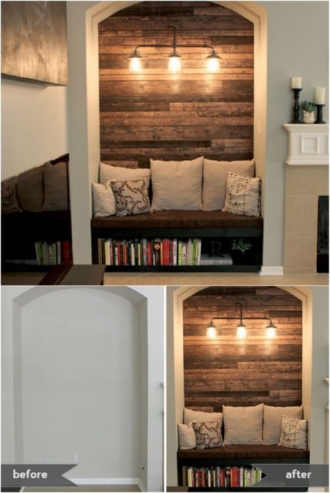 Reading Nook Pallet board reading nook inset wall. LOVE LOVE LOOOOOOOVVVVVE Wall Nook, Wooden Wall Design, Wood Plank Walls, Bedroom Minimalist, Wood Accent Wall, Plank Walls, Home Luxury, Living Room Diy, Cozy Living Rooms