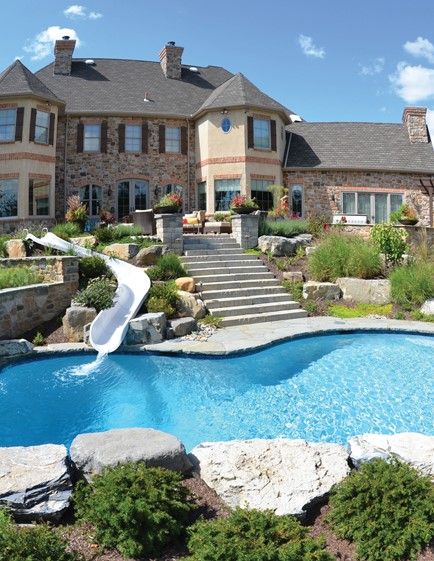 Big Houses With Pools, Mitch Hedberg, Custom Backyard, Dream Backyard Pool, House Slide, Big Pools, Luxury Swimming Pools, Dream Mansion, Dream Life House