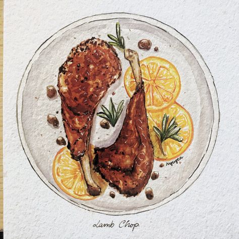 Lamb Chop Illustration, Food Plating Drawing Sketch, Plate Illustration Drawings, Food Plate Drawing, Plating Drawing, Dish Drawing, Chicken Pastel, Watercolor Food Illustration, Plate Drawing