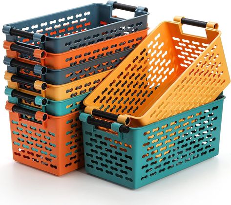 Amazon.com: Yesland 8 Pack Plastic Storage Basket for Shelves, 12 x 6 x 5 Inches Basket Organizer Bin with Handles Sturdy Closet Baskets for Home Office Closet - Yellow, Orange, Blue, Green: Home & Kitchen Closet Baskets, Green Shelves, Home Office Closet, Office Closet, Baskets For Shelves, Closet Office, Stackable Storage Bins, Basket Organizer, Fabric Storage Bins