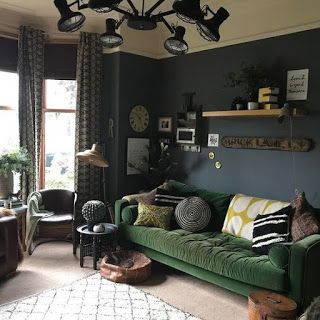 ✔63 Botanical Dark Boho Living Room Dreams | ARA HOME Apartments Inspiration, Green Couches, Funky Interior Design, Funky Interior, Green Sofa Living, Lounge Diner, Green Sofa Living Room, Apartment Styles, Couch Ideas