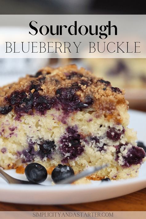 Easy Sourdough Discard Blueberry Buckle Recipe - Simplicity and a Starter Sourdough Discard Blueberry Buckle, Lemon Blueberry Sourdough Discard, Sourdough Blueberry Buckle, Sourdough Blueberry Breakfast Cake, Sourghdough Recipes, Summer Sourdough Discard Recipes, Sourdough Discard Blueberry Scones, Sourdough Discard Blueberry Coffee Cake, Sourdough Blueberry Coffee Cake