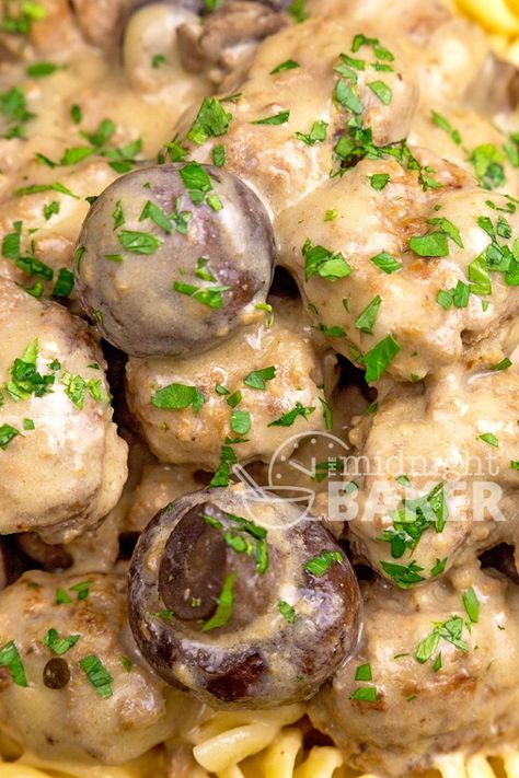 This meatball stroganoff is a quick slow cooker meal. Cooks in 3 hours. Make the meatballs ahead or use store-bought frozen in a pinch. Crockpot Entrees, Quick Slow Cooker Meals, Chicken Lasagne, Frozen Meatball Recipes, Crockpot Foods, Meatball Stroganoff, Slow Cooker Meal, Baked Meatballs, Slow Cooker Beef Stroganoff