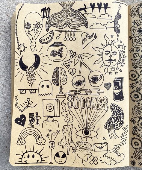 Goth Doodles Easy, Doodle Collage Drawings, Doodles Goth, Hippie Drawing Ideas Doodles, Doodle Pages Grunge, Art Designs Drawing, Drawing Reaction Pic, Drawing Reaction, Journal Design Ideas