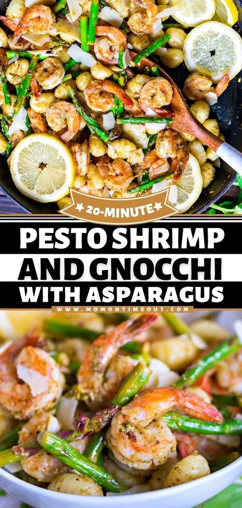 20 Minute Pesto Shrimp with Gnocchi and Asparagus Easy Fast Healthy Dinner Recipes, Shrimp Gnocchi, Pesto Asparagus, Gnocchi Pesto, Pesto Shrimp, Mom On Timeout, Ranch Pasta, Gnocchi Recipes, Fast Easy Meals