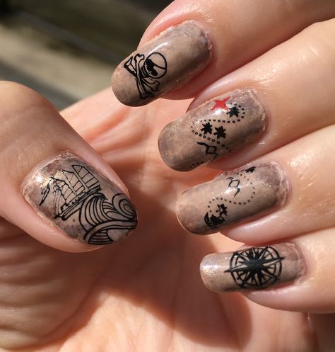 Pirates Of The Caribbean Nails, Pirate Nails Design, Pirate Nail Art, Pirate Nails, Country Acrylic Nails, Rock Nails, Goth Nails, Fall Nail Art, Short Nail Designs