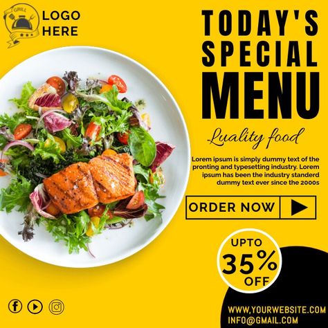 Yellow Professional Today's Special Menu Ins | PosterMyWall Menu Poster, Grill Logo, Kindle Book Cover, Campaign Posters, Blog Header, Facebook Event, Instagram Ads, Instagram Creative, Food Quality