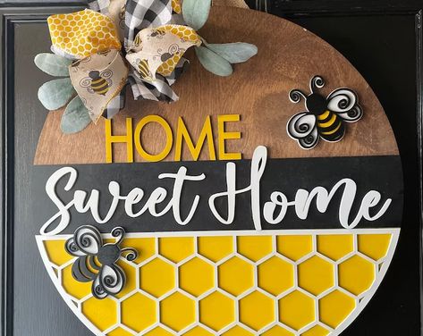 Bee Door Hanger Beehive Door Hanger Bee Decor Honeybee | Etsy Bee Door Hanger, Bunny Door Hanger, Bee Sign, Bee Lover Gifts, Wooden Porch, Summer Door Hanger, Wood Signs For Home, Wood Door Hangers, Bee Crafts