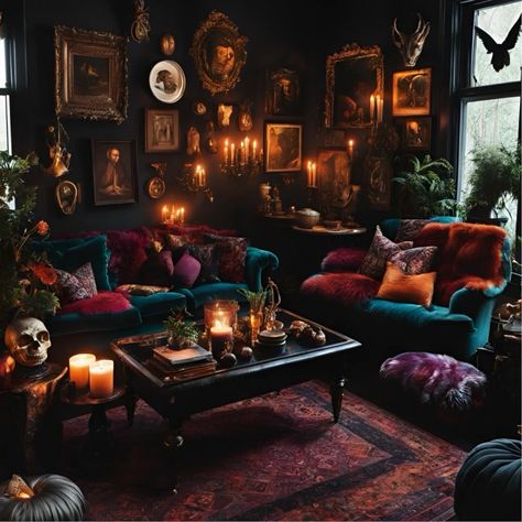 Magical & Maximalism Home Decor: Whimsigoth, Eclectic, and Witchy Vibes for Your Space | by Magical Maximalism🔮🏡✨ | Sep, 2024 | Medium Dark Victorian Living Room, Chesterfield Sofa Velvet, Maximalism Home, Witchy Living Room, Goth Living Room, Dark Academia Living Room, Academia Interior, Witchy Dark Academia, Academia Home