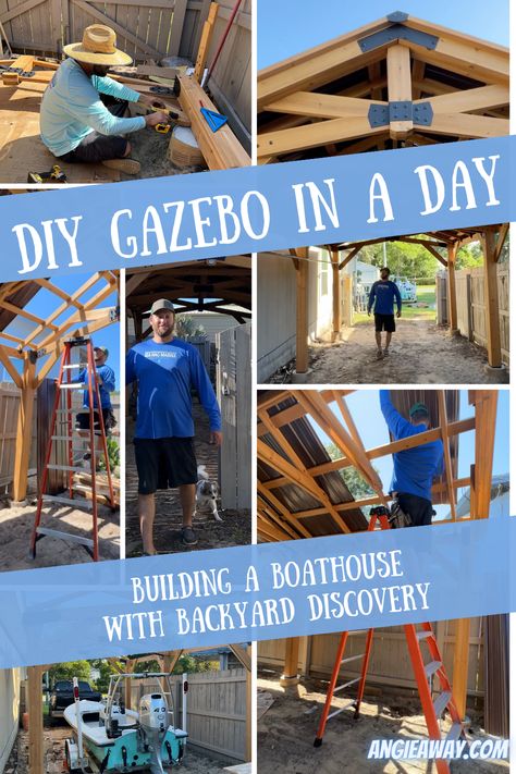 DIY gazebo boathouse instructions and tips Pvc Gazebo Diy, Diy Gazebo Ideas Cheap, Easy Gazebo, Outside Gazebo, Inexpensive Backyard Ideas, Diy Carport, Diy Gazebo, Gazebo Plans, Cedar Posts