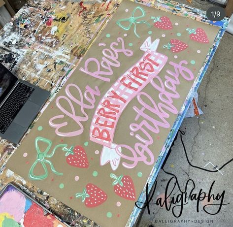 Simple Berry First Birthday, Berry First Birthday Banner Painted, Berry First Birthday Chalkboard, Strawberry Birthday Banner, Berry 1st Birthday Party Decorations Diy, Berry First Birthday Sign, Strawberry Birthday Backdrop, Vintage Berry First Birthday, Berry First Birthday Banner