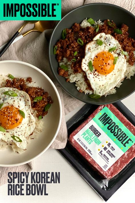 Two servings of Impossible Food's Spicy Korean Bowl recipe made with Impossible Burger, meat made from plants. This recipe is served over fluffy white rice and top with chopped onions, sesame seeds and a fried egg. Korean Rice Bowl Recipe, Pao Recipe, Pad Kra Pao, Korean Rice Bowl, Thai Pork, Impossible Burger, Korean Rice, Pork Stir Fry, Rice Bowls Recipes