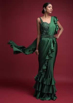 Emerald Green Ready Pleated Ruffle Saree In Milano Satin With Layered Ruffles On The Pleats Ruffle Saree Blouse, Ruffle Saree Designs, Saree Ruffle, Akanksha Singh, Frill Saree, Pleated Saree, Dresses Indian Wedding, Online Shopping Sarees, Lehenga Gown