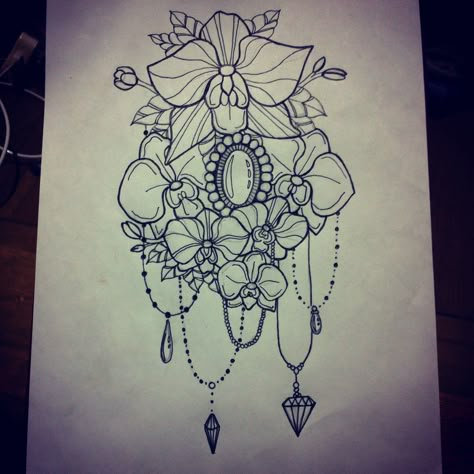 Flowers orchids tattoo design Flower And Gem Tattoo, Tattoo Orchid, Gems Tattoo, Orchids Tattoo, Jewels Tattoo, Sternum Piece, Jewerly Tattoo, Tattoo Painting, Flowers Mandala