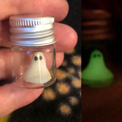 Here is my tiny ghostly spirit hand sculpted and paint Glows in the dark He/ She comes in a tiny glass jar. Each ghost is made to order as such details will vary Jar is about 1 inch tall Not a toy  Collectible art piece Small parts choking hazard Tiny Jar Crafts, Glass Jar Crafts, Pet Ghost, Halloween Treat Bags Diy, Travel Dollhouse, Ghost Spirit, Tiny Glass Jars, Crafts With Glass Jars, Dark Ghost