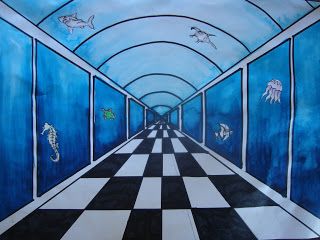 Once upon an Art Room: Perspective Aquariums Perspective Drawing Ideas, Perspective Lessons, Classe D'art, 8th Grade Art, Middle School Art Projects, Art Lessons Middle School, One Point Perspective, 6th Grade Art, 4th Grade Art